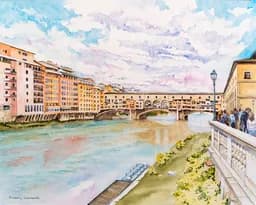 Sunlit Stroll along the Arno River: A Glimpse of Ponte Vecchio and Charming Florentine Architecture