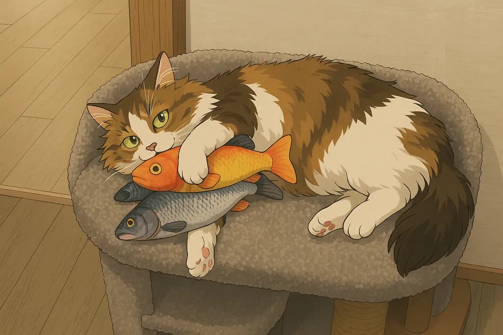 Whimsical Whiskers: A Cozy Cat's Delight with Fishy Friends