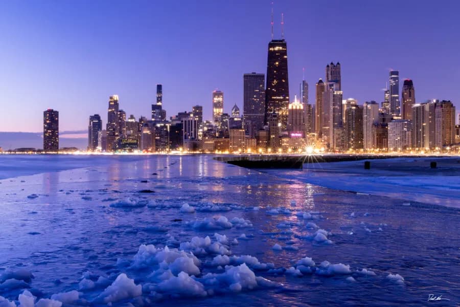 Twilight Reflections: Chicago's Skyline Embraced by Winter's Chill