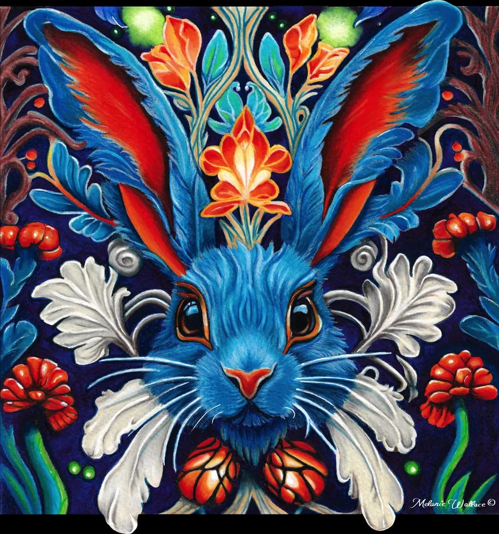 Whimsical Blue Bunny: A Vibrant Floral Fantasy